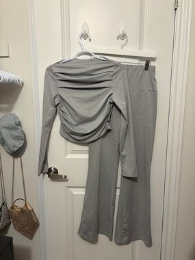 SHEIN Silver Ruched Long Sleeve Top & Wide-Leg Pants Set